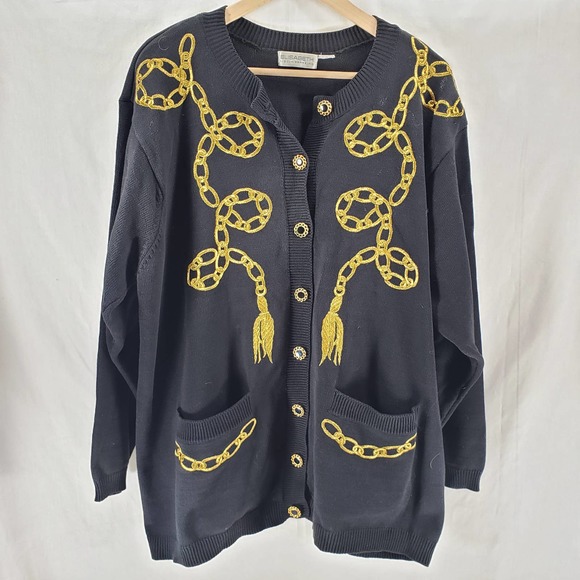 Elisabeth by Liz Claiborne Size 1X* Cardigan Black and Gold Chain Button-Down - Picture 1 of 10